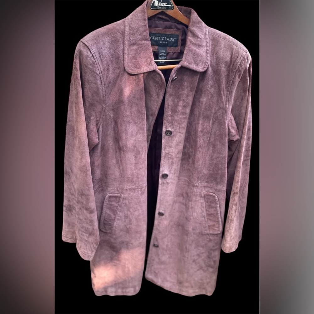 Vintage Centigrade brownish  Purple Suede Long Coat size medium button down guc